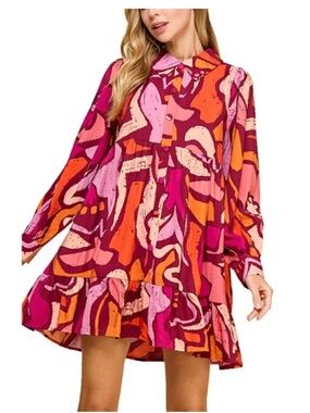 TCEC Long Sleeve Abstract Swing Dress in Magenta, Pink & Orange